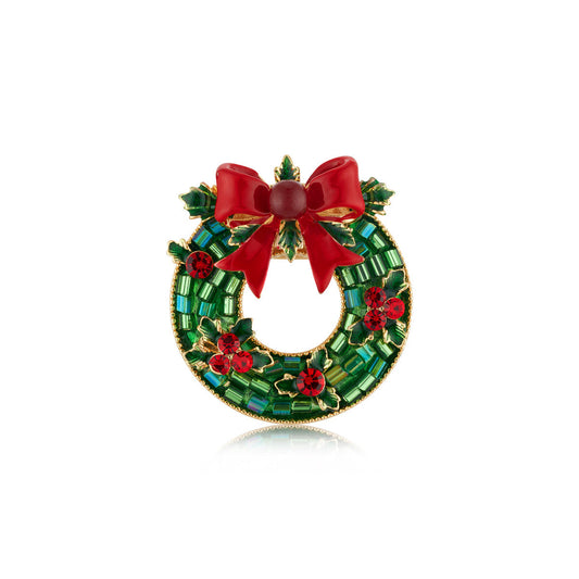 August Woods Gold Christmas Wreath Brooch on Card