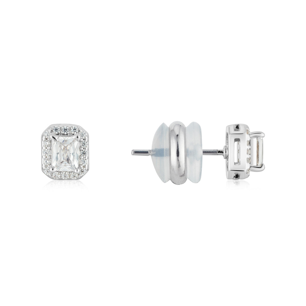 August Woods Silver Rectangle CZ Halo Stud Earrings