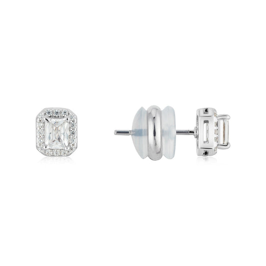 August Woods Silver Rectangle CZ Halo Stud Earrings