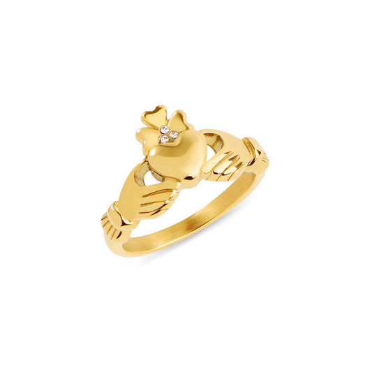 Over & Over Gold 14k Stainless Steel Shamrock Claddagh Ring