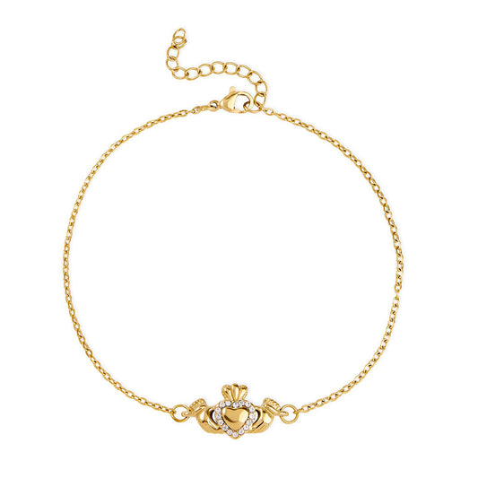 Over & Over Gold 14k Stainless Steel CZ Heart Claddagh Bracelet