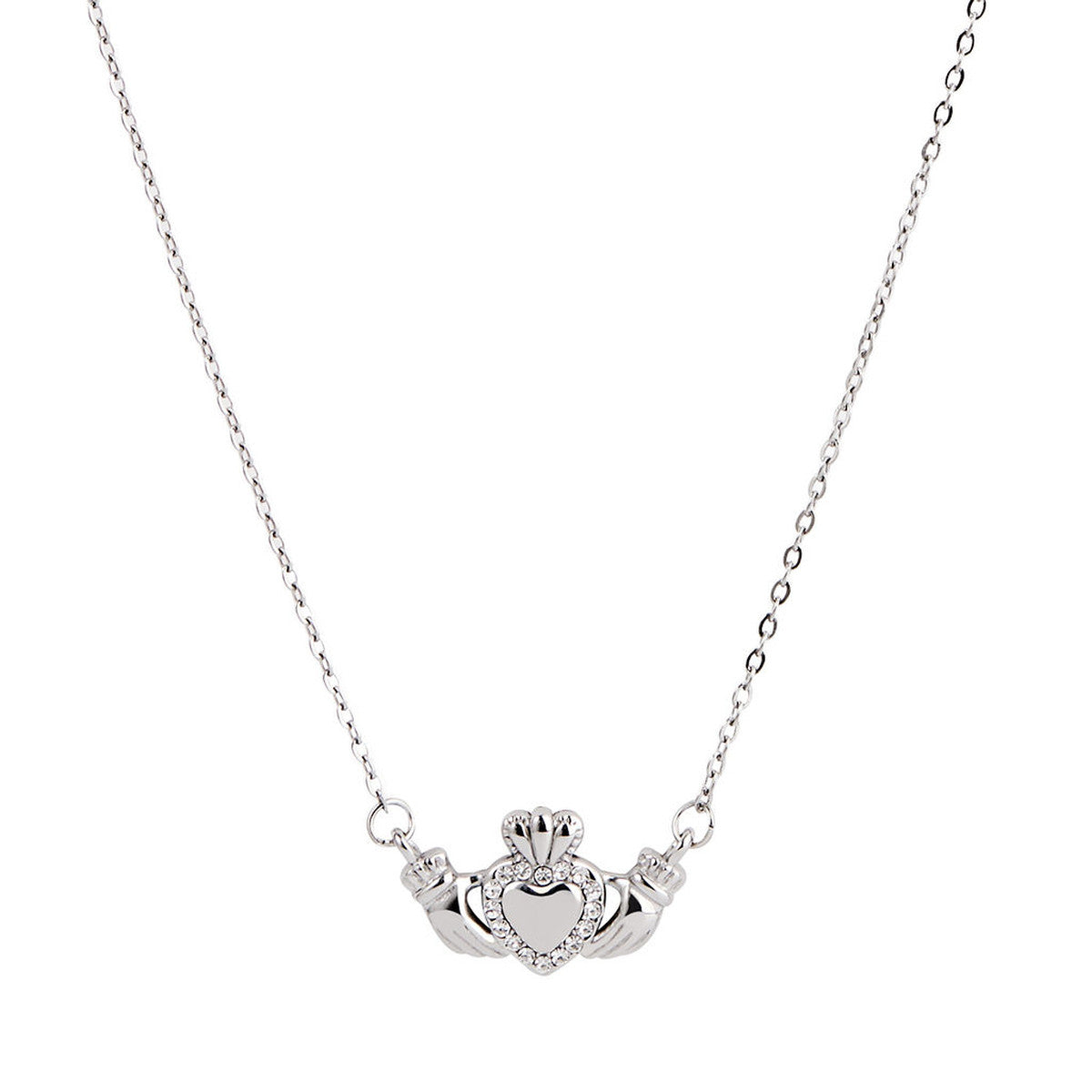 Over & Over Silver Stainless Steel CZ Heart Claddagh Necklace