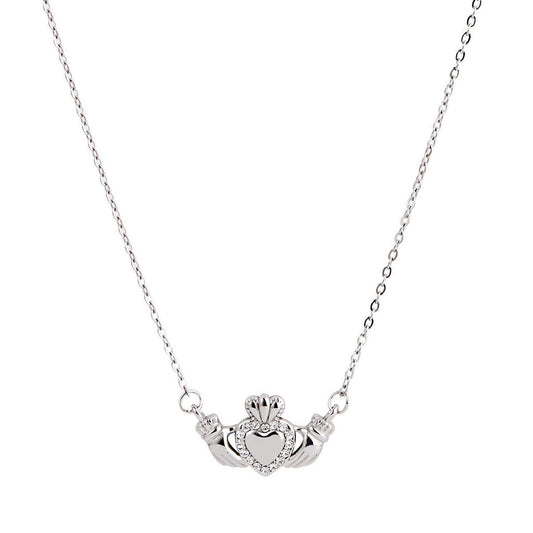 Over & Over Silver Stainless Steel CZ Heart Claddagh Necklace