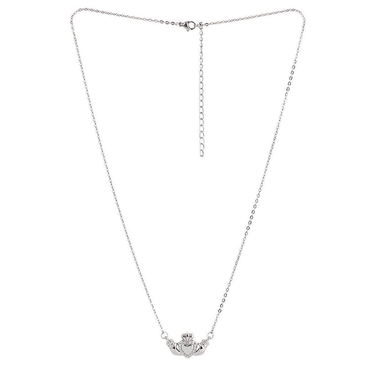 Over & Over Silver Stainless Steel CZ Heart Claddagh Necklace