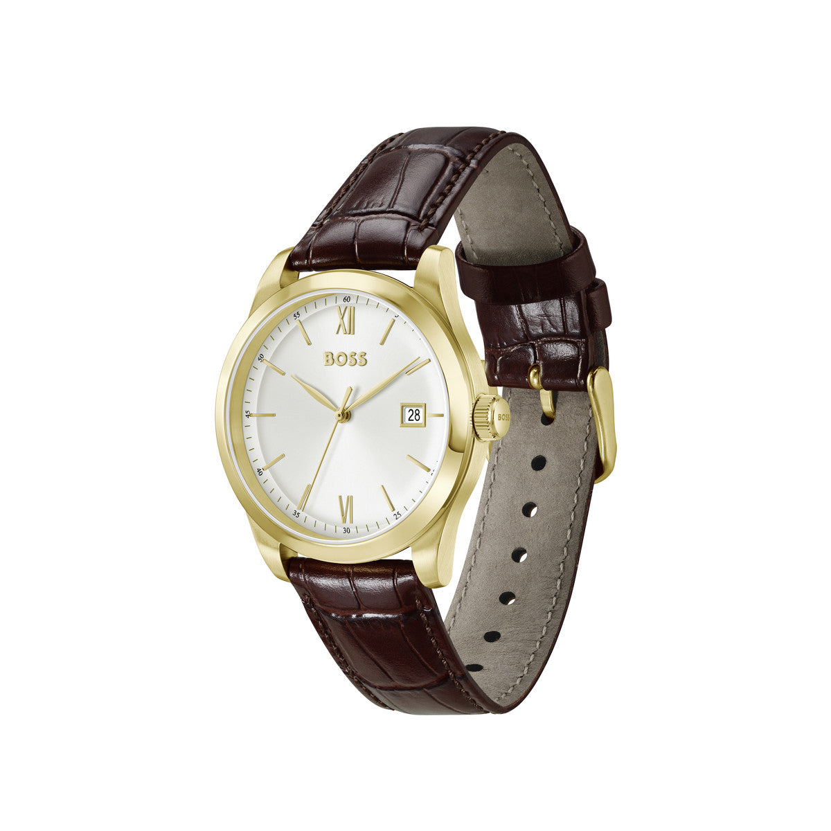 Boss Gold Langford White Dial Brown Leather Watch