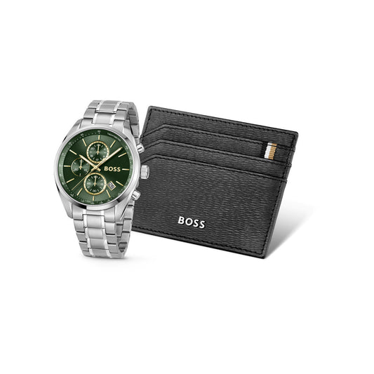 Boss Silver Grand Prix Green Dial Watch Cardholder Gift Set