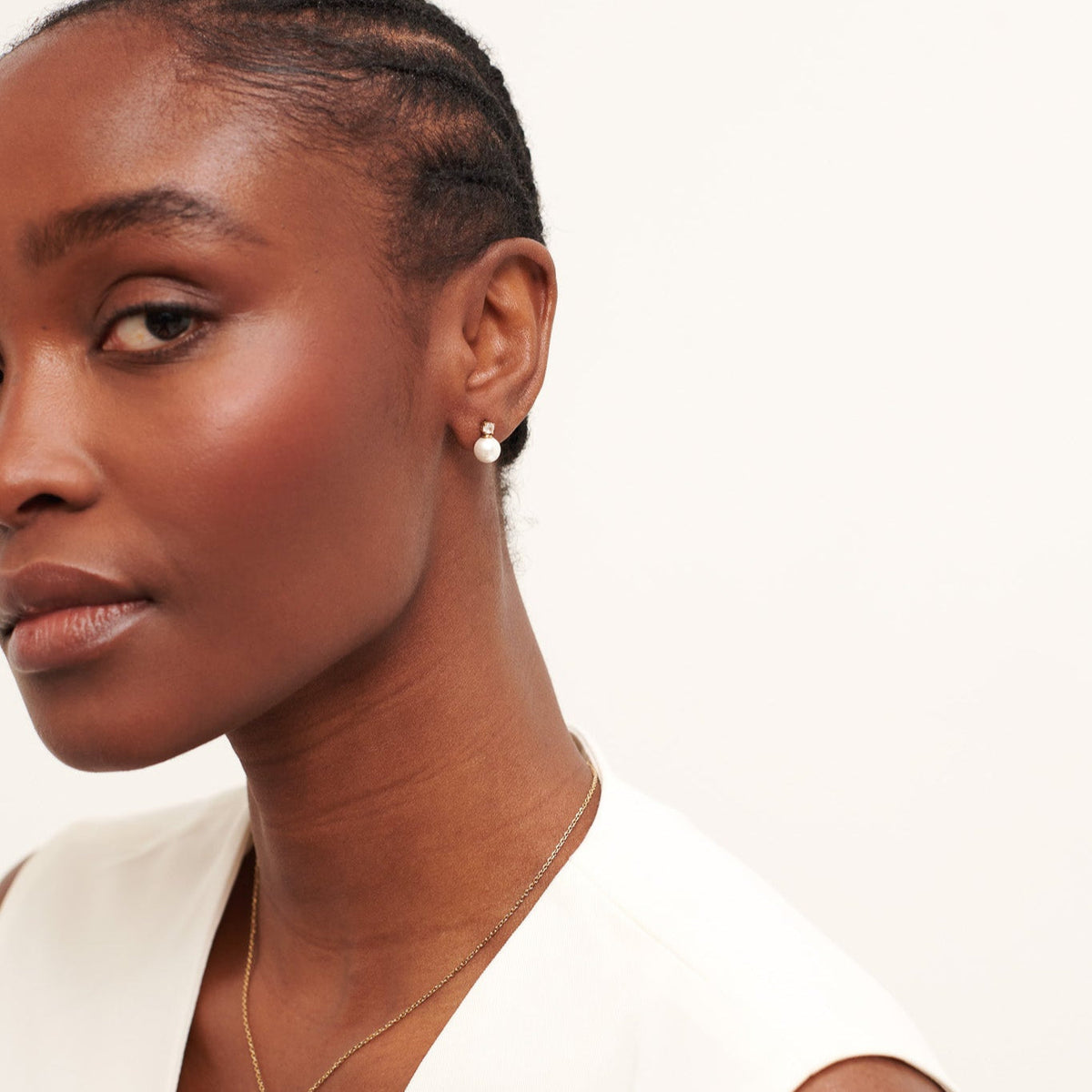D.Louise Gold Pearl CZ Drop Stud Earrings