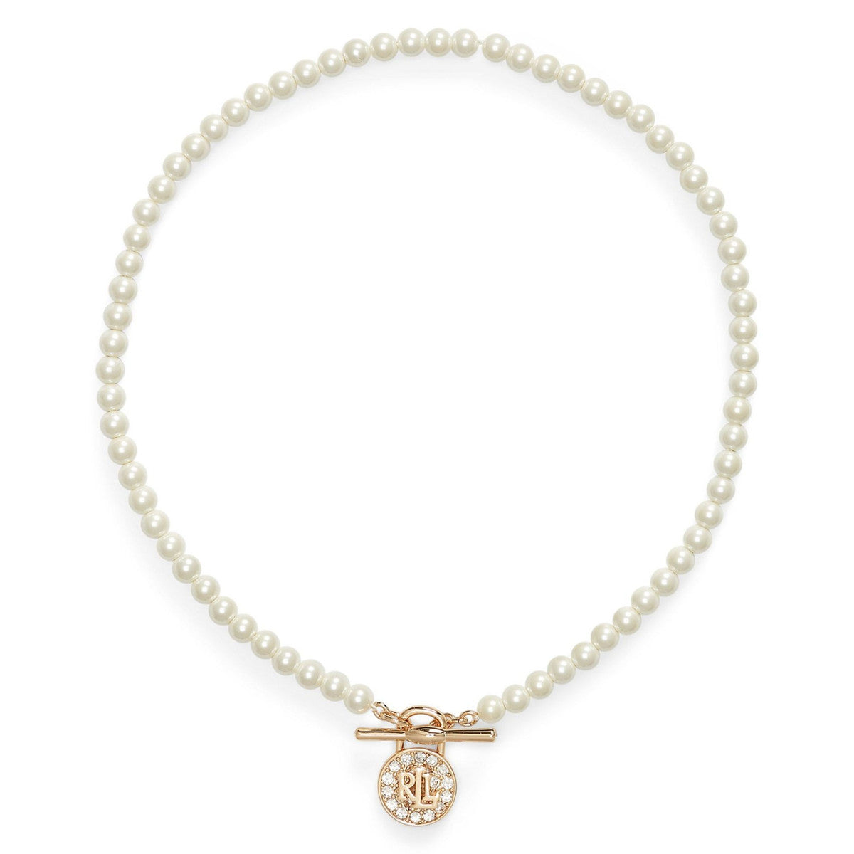 Lauren Ralph Lauren Gold Tone & Faux Pearl & Logo Pavé Padlock Necklace
