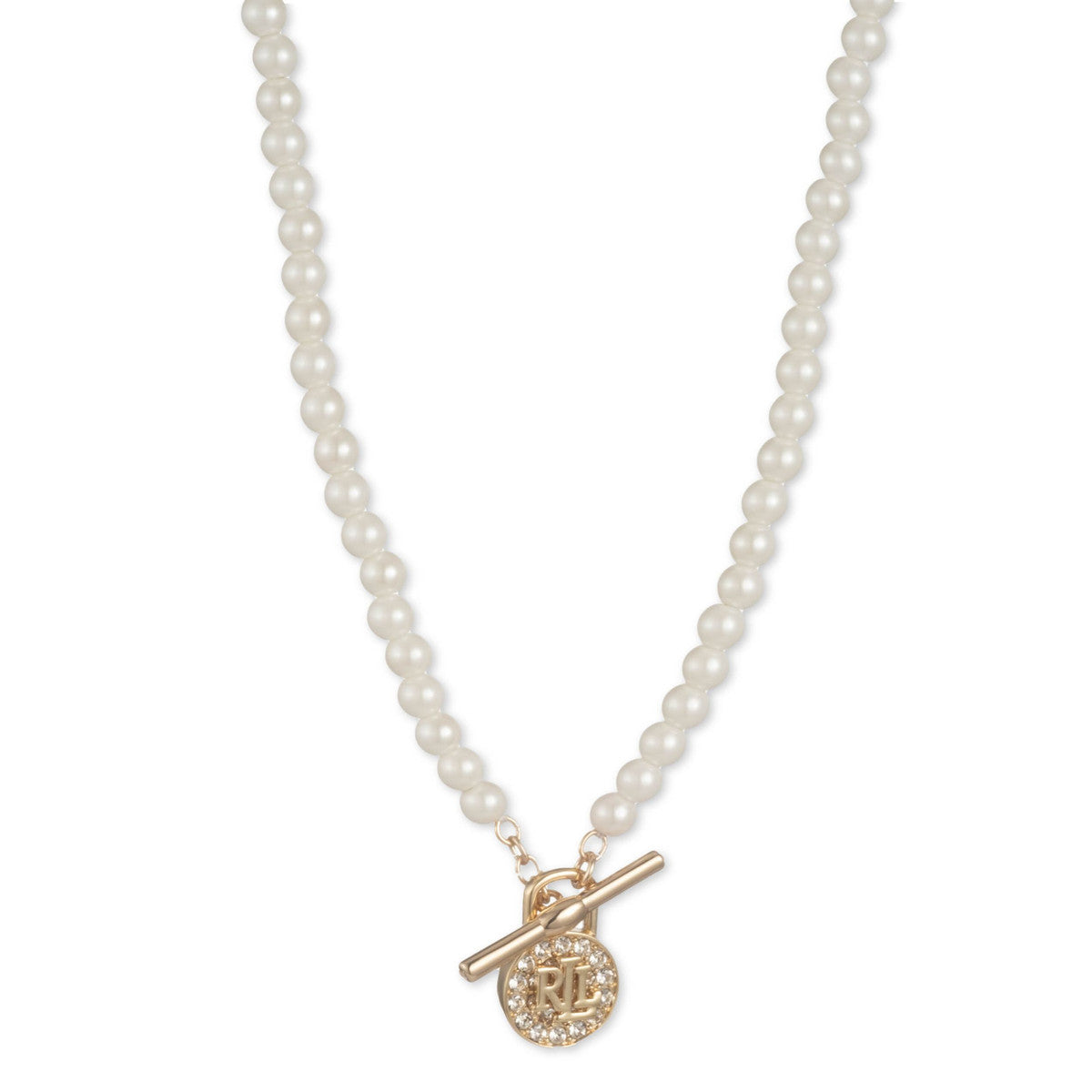 Lauren Ralph Lauren Gold Tone & Faux Pearl & Logo Pavé Padlock Necklace