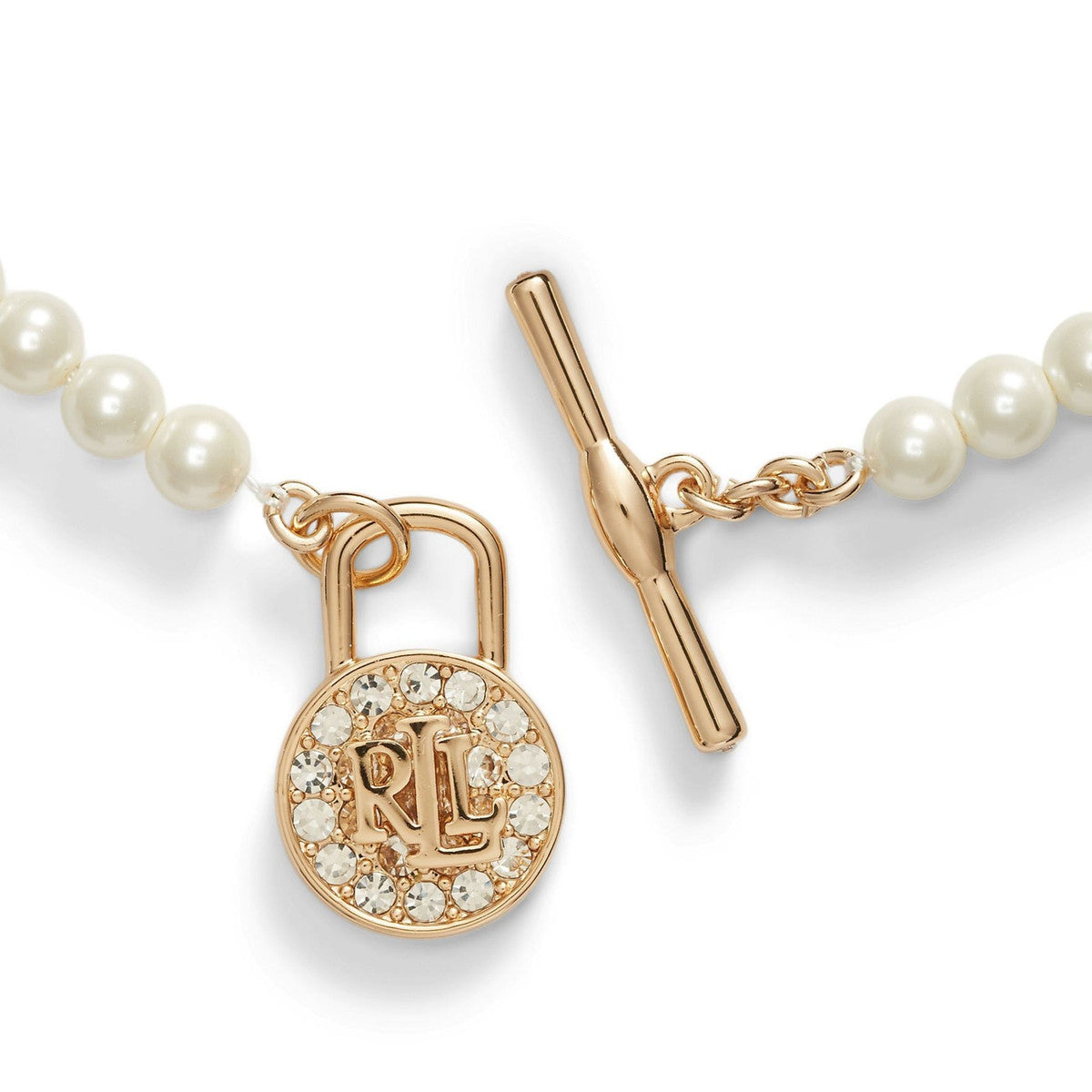 Lauren Ralph Lauren Gold Tone & Faux Pearl & Logo Pavé Padlock Necklace