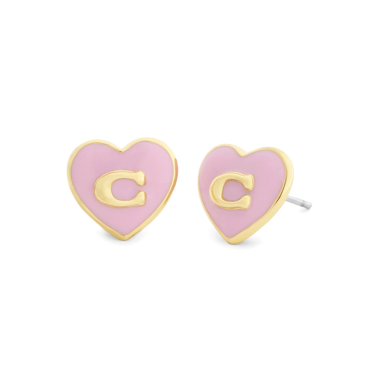 Coach Gold Boxed C Heart Light Pink Enamel Stud Earrings