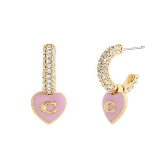 Coach Gold Boxed C Heart Light Pink Enamel Huggie Earrings
