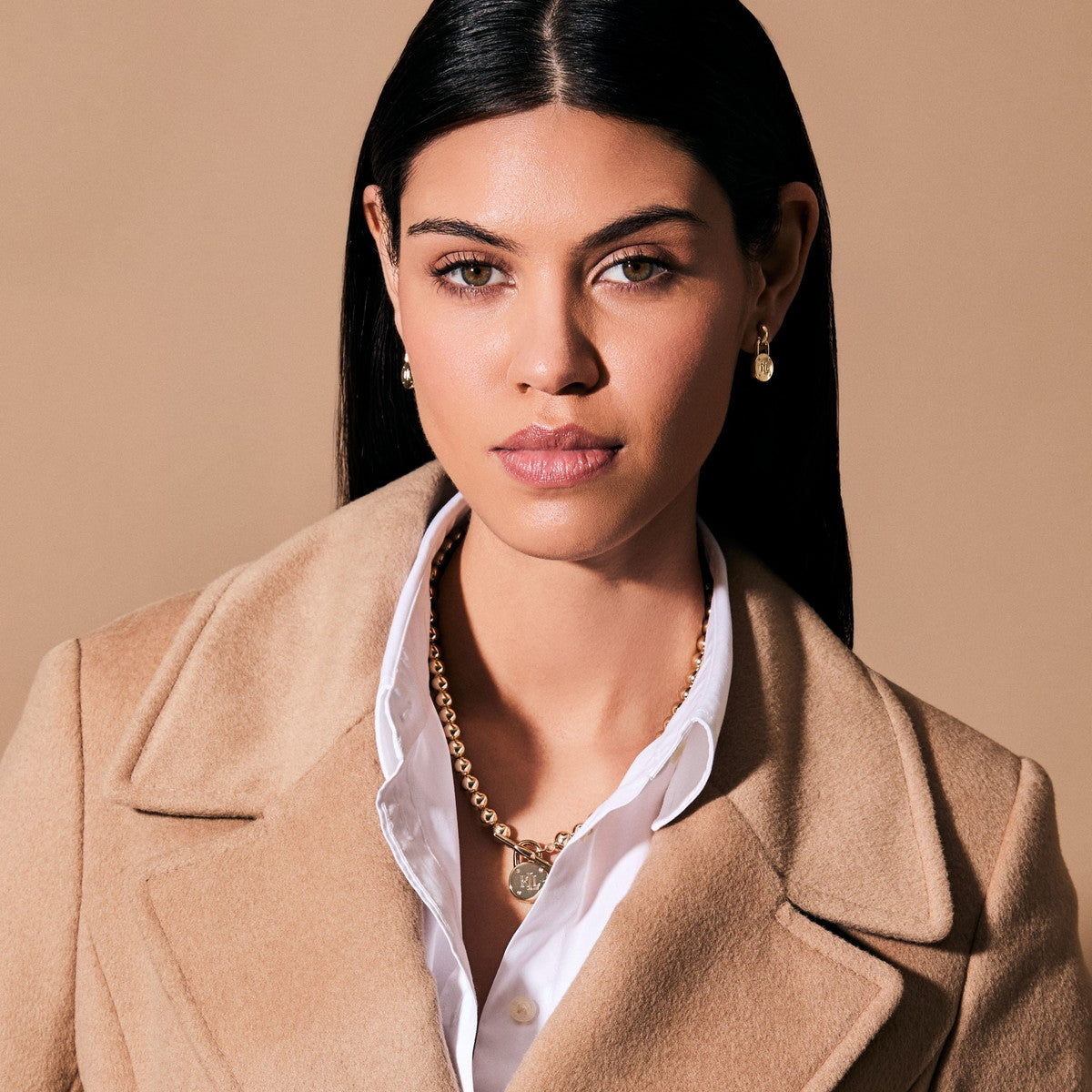 Lauren Ralph Lauren Gold Tone Beaded Logo Padlock Necklace