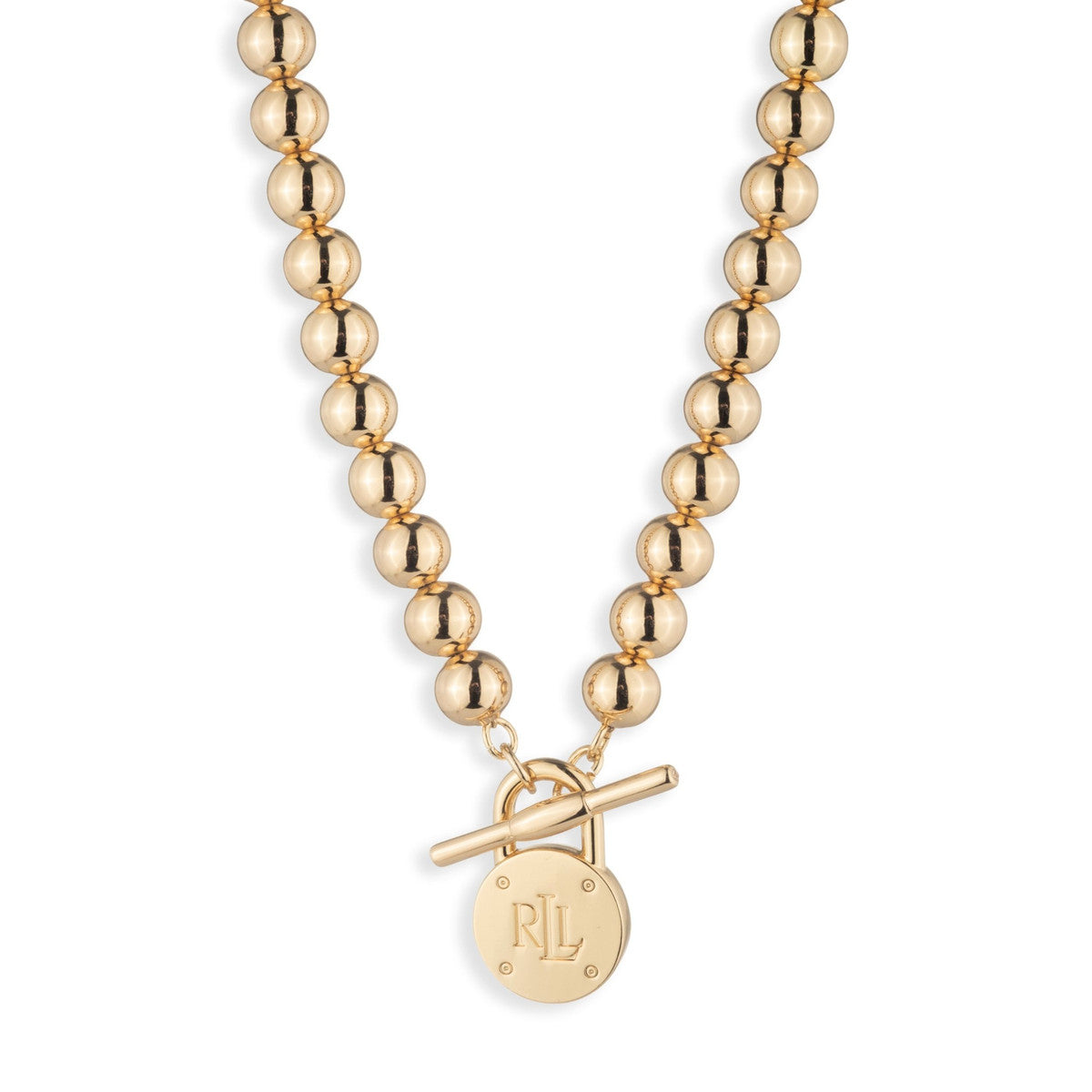 Lauren Ralph Lauren Gold Tone Beaded Logo Padlock Necklace