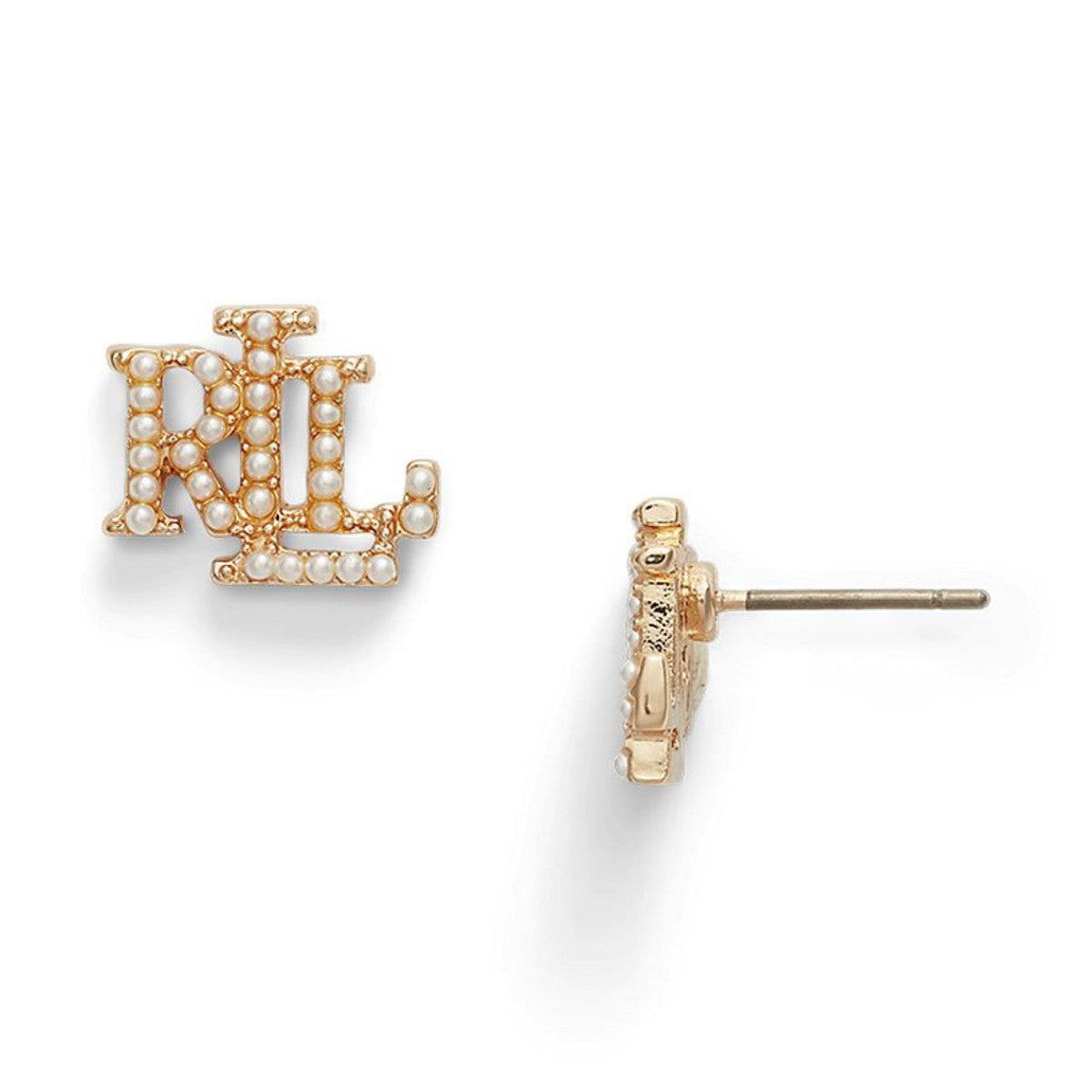 Lauren Ralph Lauren Gold Tone & Faux Pearl Logo Stud Earrings