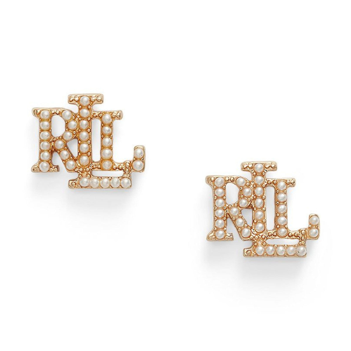 Lauren Ralph Lauren Gold Tone & Faux Pearl Logo Stud Earrings