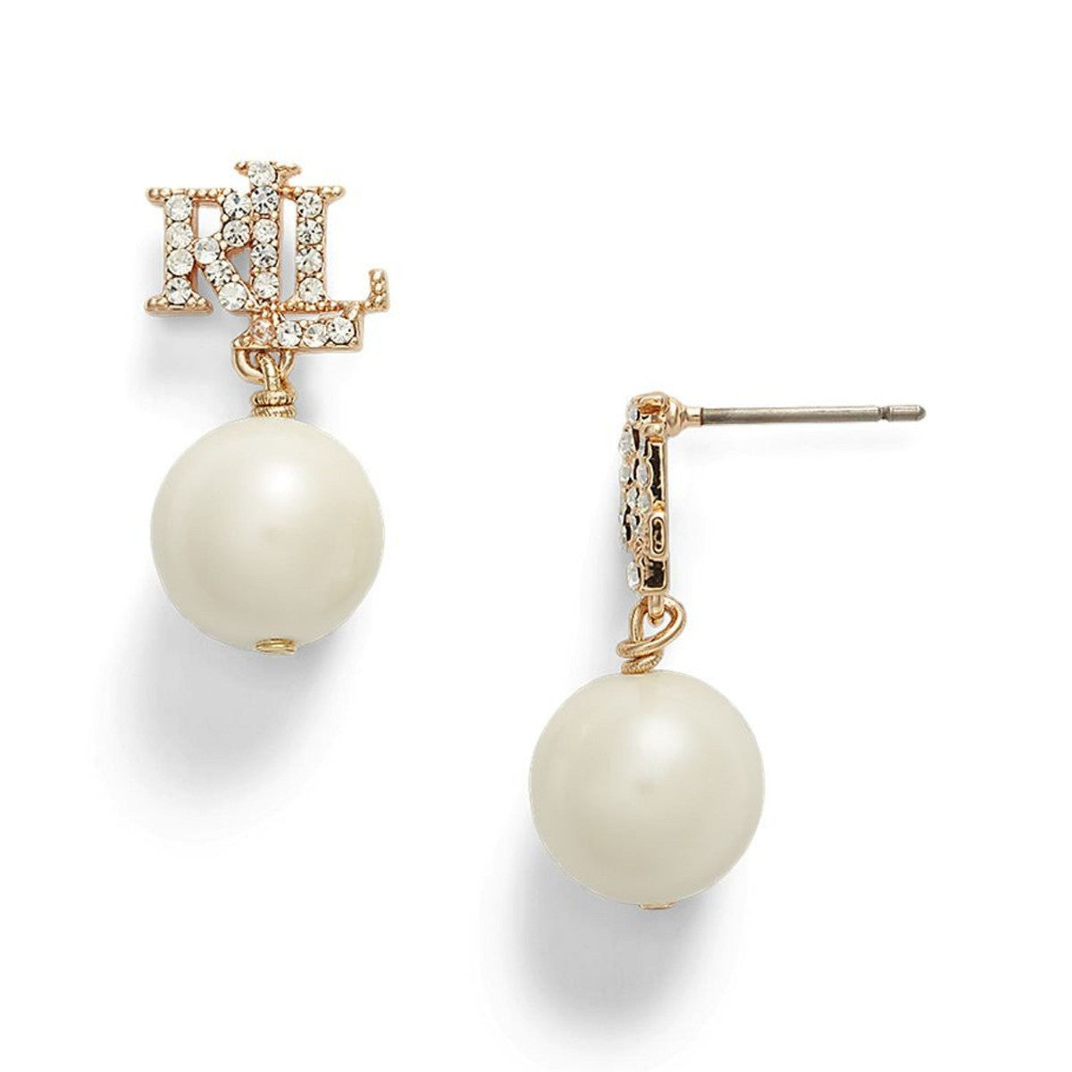 Lauren Ralph Lauren Gold Tone Pavé Logo & Pearl Drop Earrings