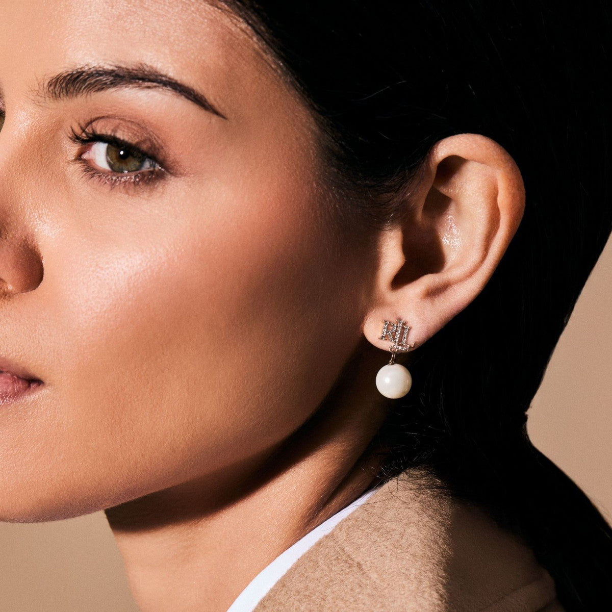 Lauren Ralph Lauren Gold Tone Pavé Logo & Pearl Drop Earrings