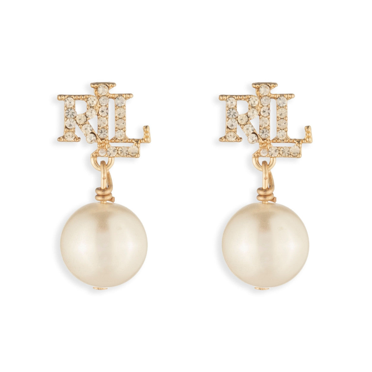 Lauren Ralph Lauren Gold Tone Pavé Logo & Pearl Drop Earrings