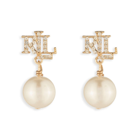 Lauren Ralph Lauren Gold Tone Pavé Logo & Pearl Drop Earrings