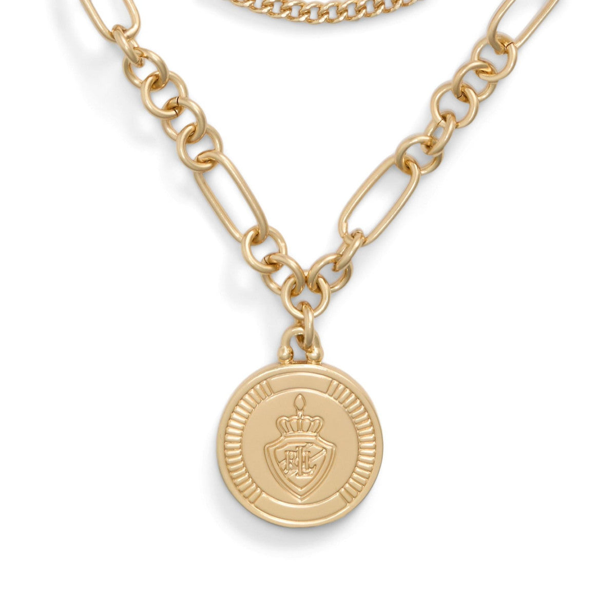 Lauren Ralph Lauren Gold Tone Logo Shield Double Multi Row Necklace