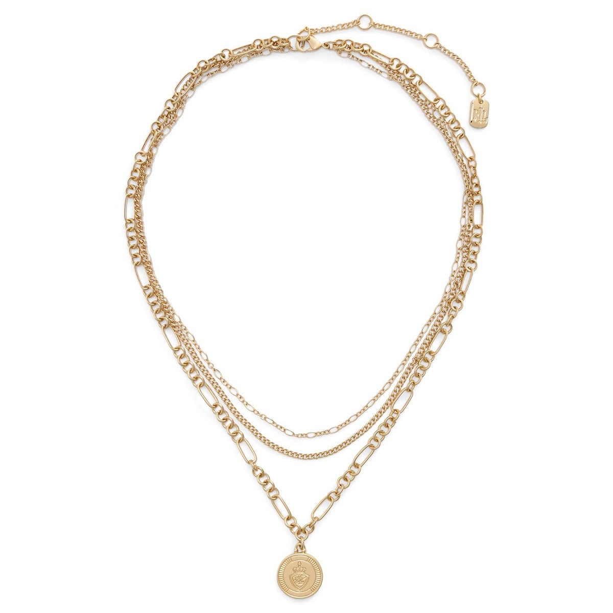 Lauren Ralph Lauren Gold Tone Logo Shield Double Multi Row Necklace