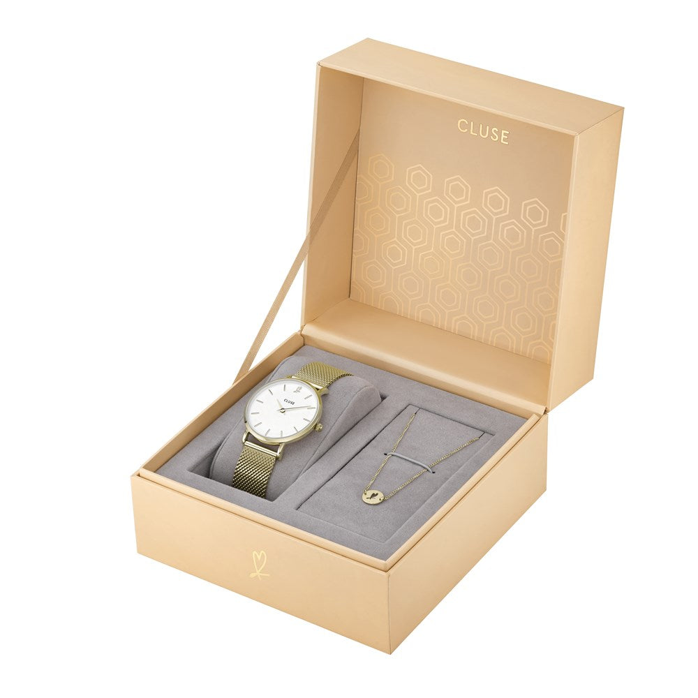 CLUSE Minuit Heart Gold Mesh Watch and Bracelet Gift Box