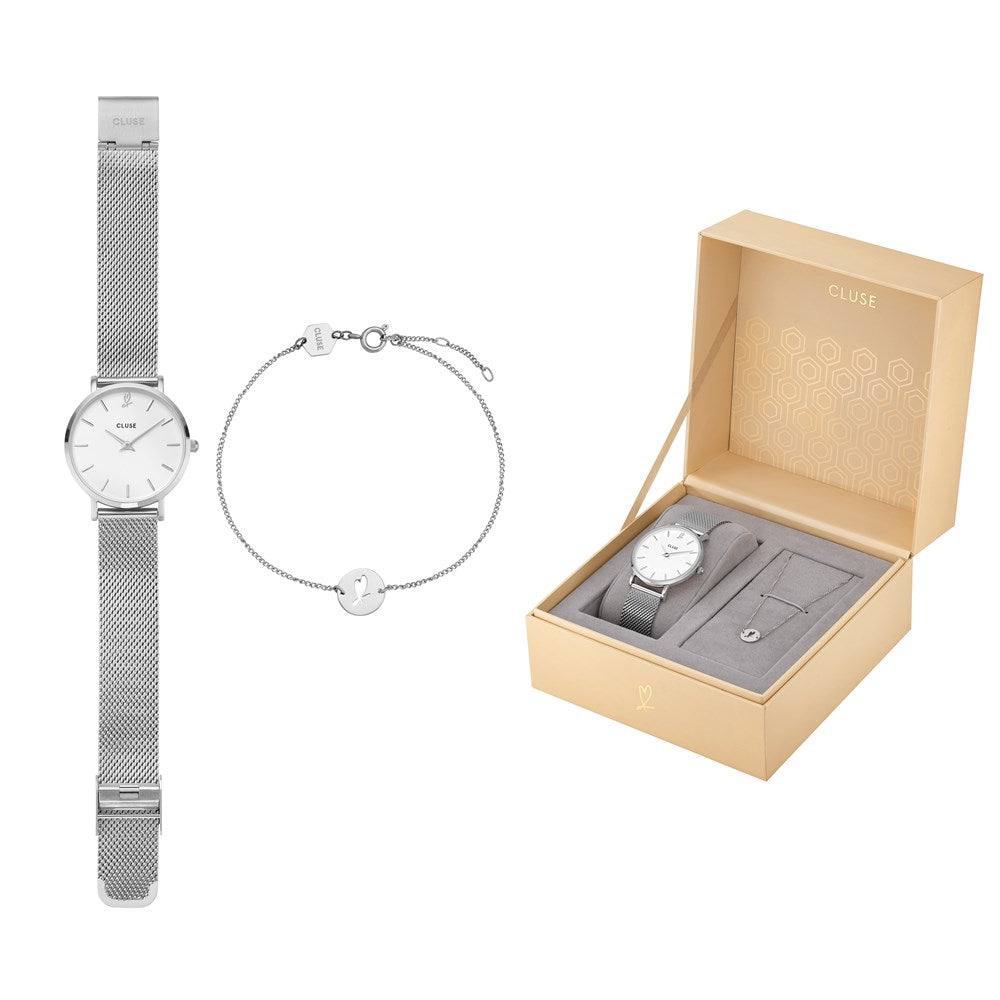 CLUSE Minuit Heart Silver Mesh Watch and Bracelet Gift Box