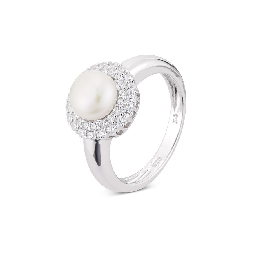 Argento Silver Crystal Pearl Halo Ring