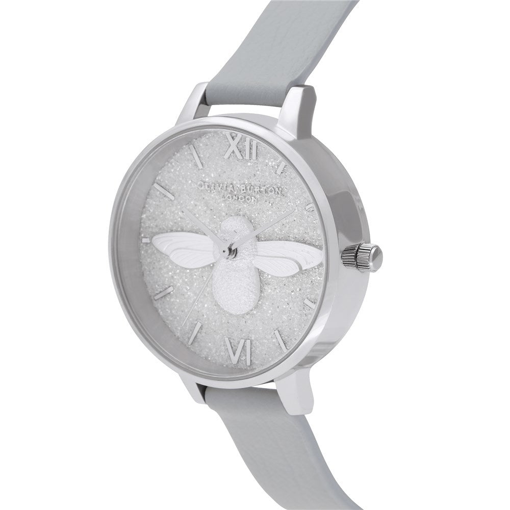 Olivia Burton 3D Bee Silver Glitter Eco Friendly Watch 