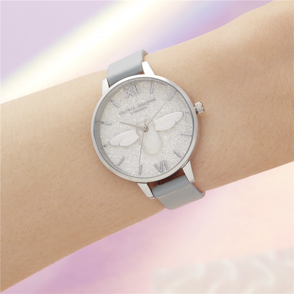 Olivia Burton 3D Bee Silver Glitter Eco Friendly Watch 
