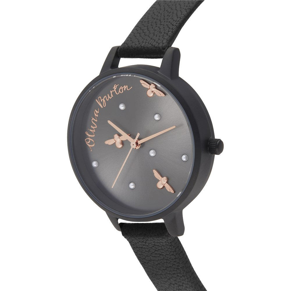Olivia Burton Pearly Queen Matte Black & Rose Gold Watch