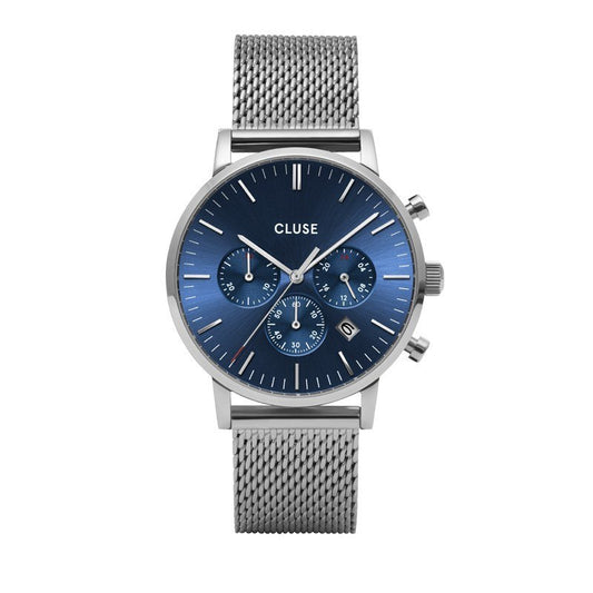 CLUSE Aravis Chrono Silver + Blue Mesh Mens Watch 