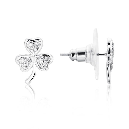 Karma Silver Crystal Shamrock Stud Earrings