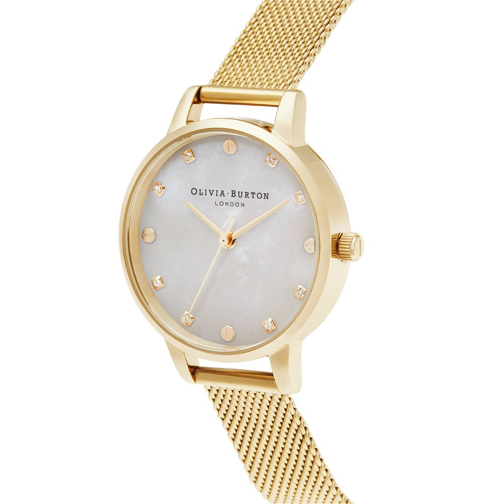 Olivia Burton Mother Of Pearl Pale Gold Mesh Watch