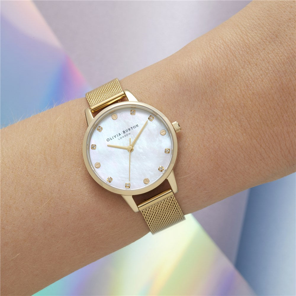 Olivia Burton Mother Of Pearl Pale Gold Mesh Watch