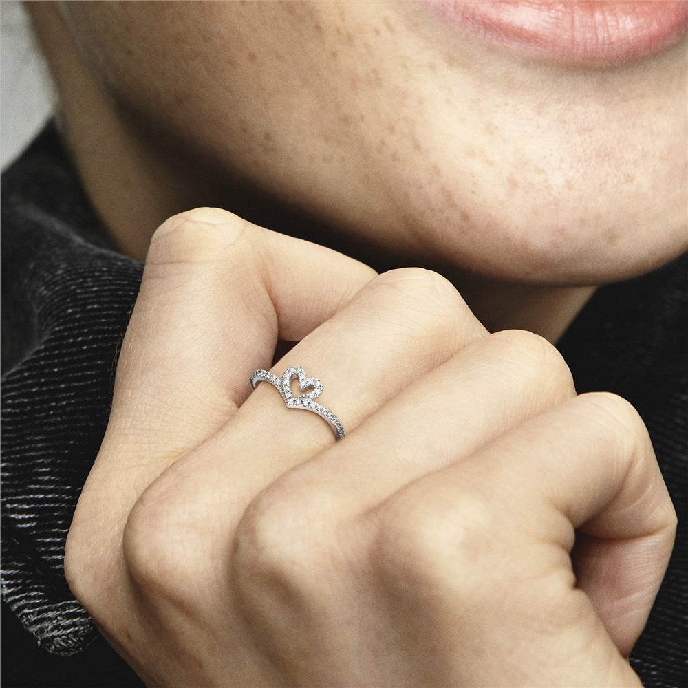 Pandora Sparkling Wishbone Heart Ring