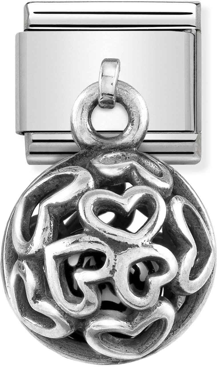 Nomination Silver Hearts + Black Agate Hanging Cage Charm 