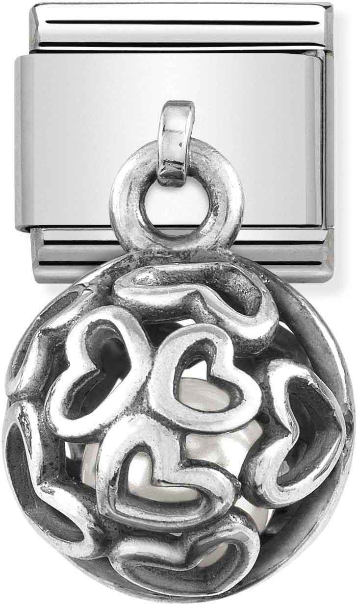 Nomination Silver Hearts + White Pearl Hanging Cage Charm 