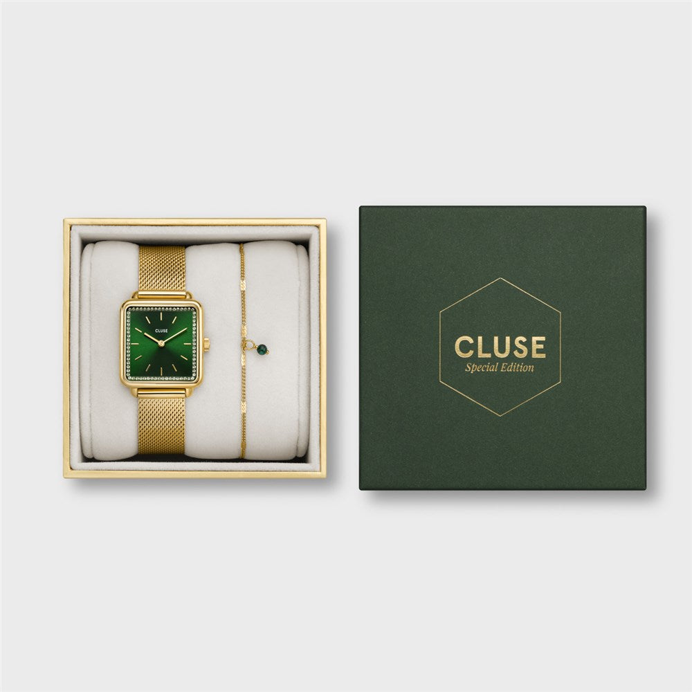 CLUSE La Tétragone Gold Mesh Watch & Malachite Bracelet Set