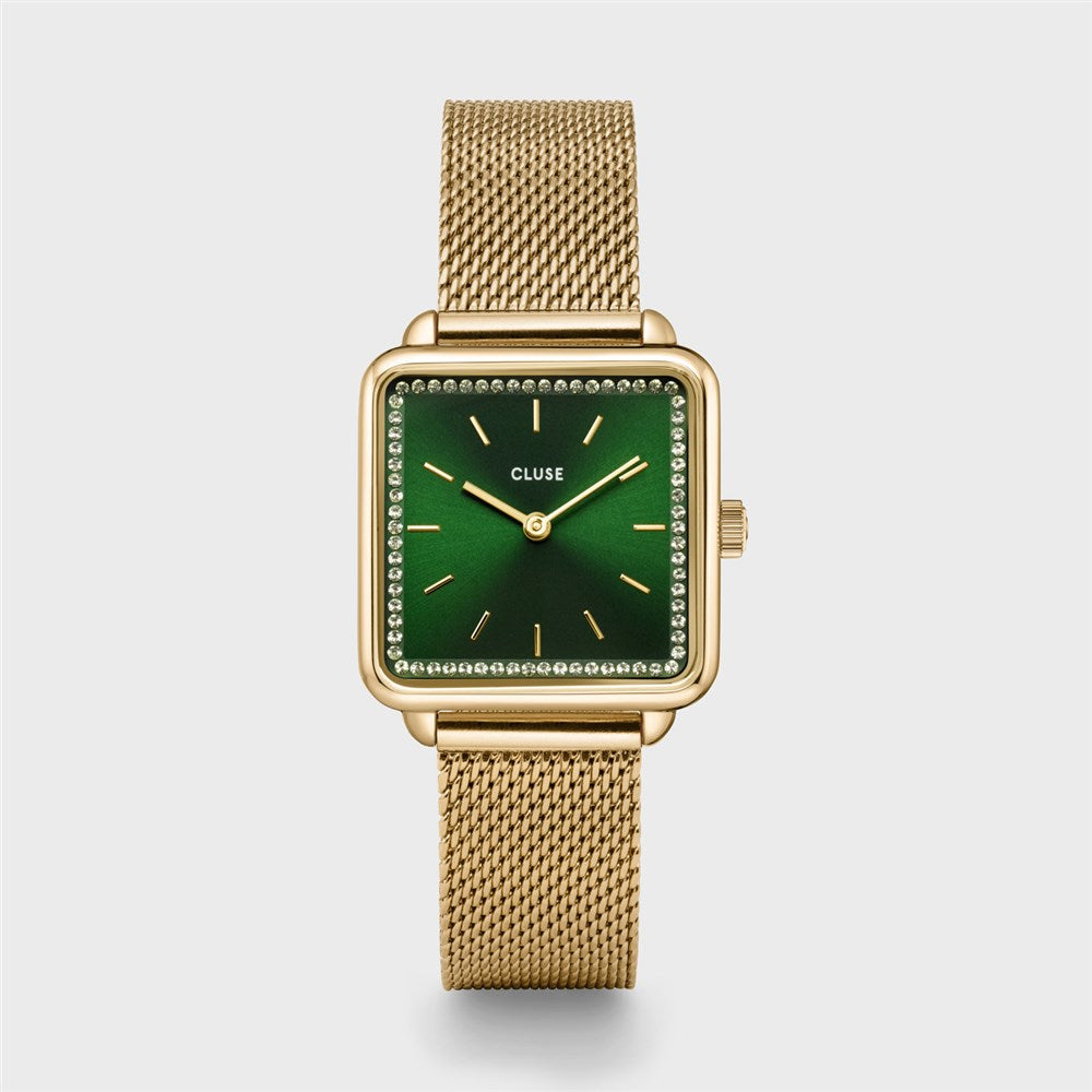 CLUSE La Tétragone Gold Mesh Watch & Malachite Bracelet Set