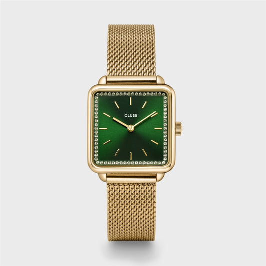 CLUSE La Tétragone Gold Mesh Watch & Malachite Bracelet Set