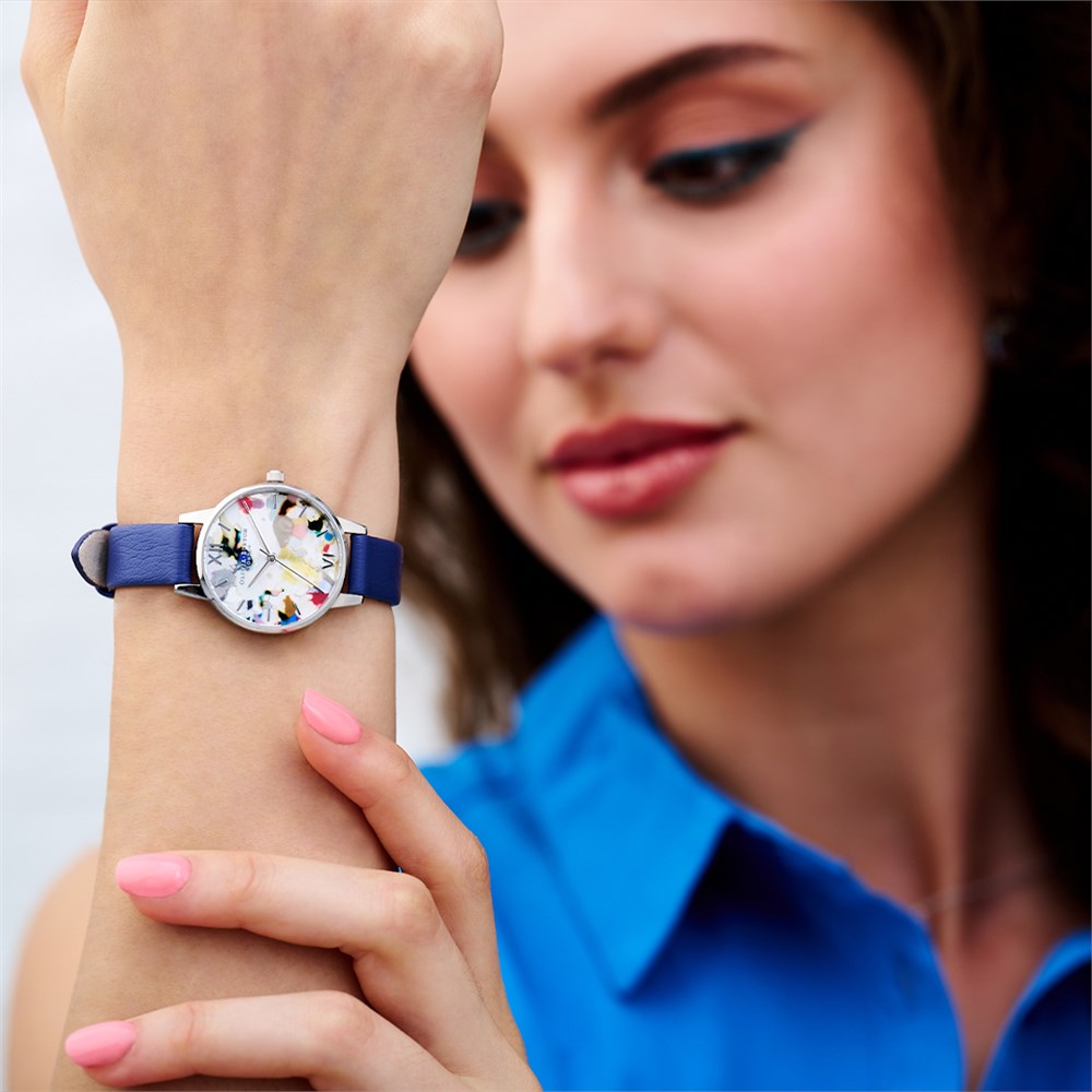 Olivia Burton Pop Art Electric Blue + Silver Mesh Strap Watch Set 