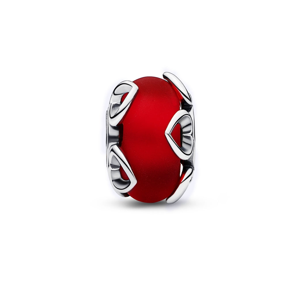 Pandora Frosted Red Murano Glass & Hearts Charm