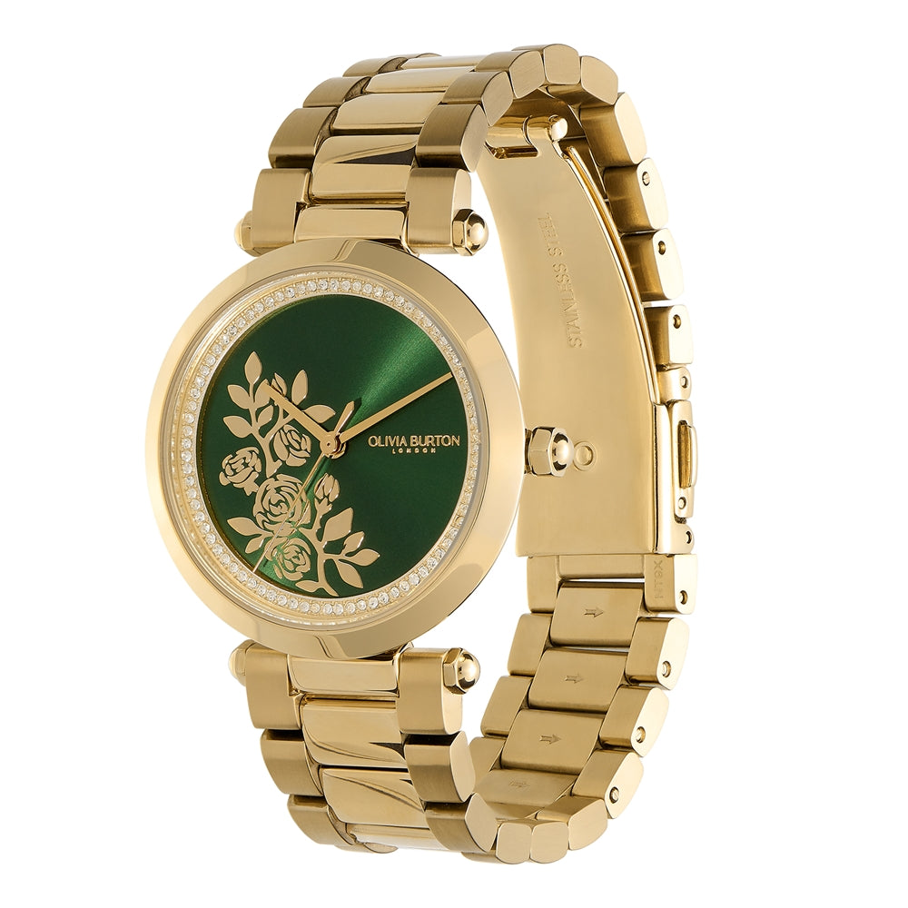 Olivia Burton Signature T-bar Floral Gold + Green Bracelet Watch