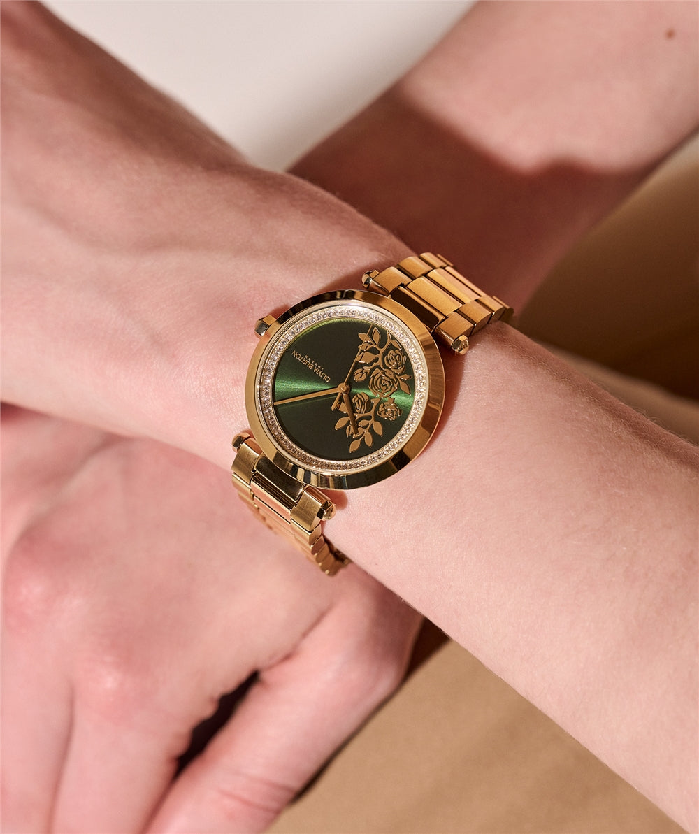 Olivia Burton Signature T-bar Floral Gold + Green Bracelet Watch