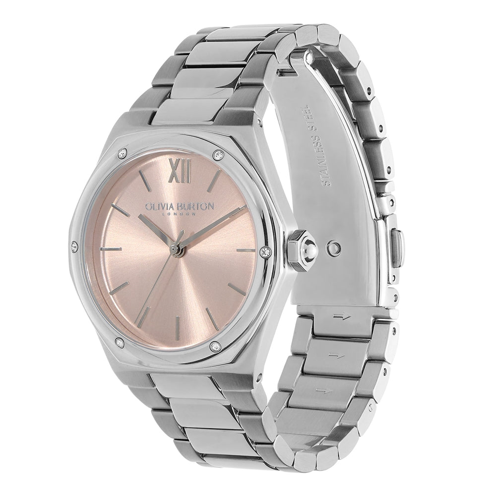 Olivia Burton Hexa Silver + Blush Pink Bracelet Watch