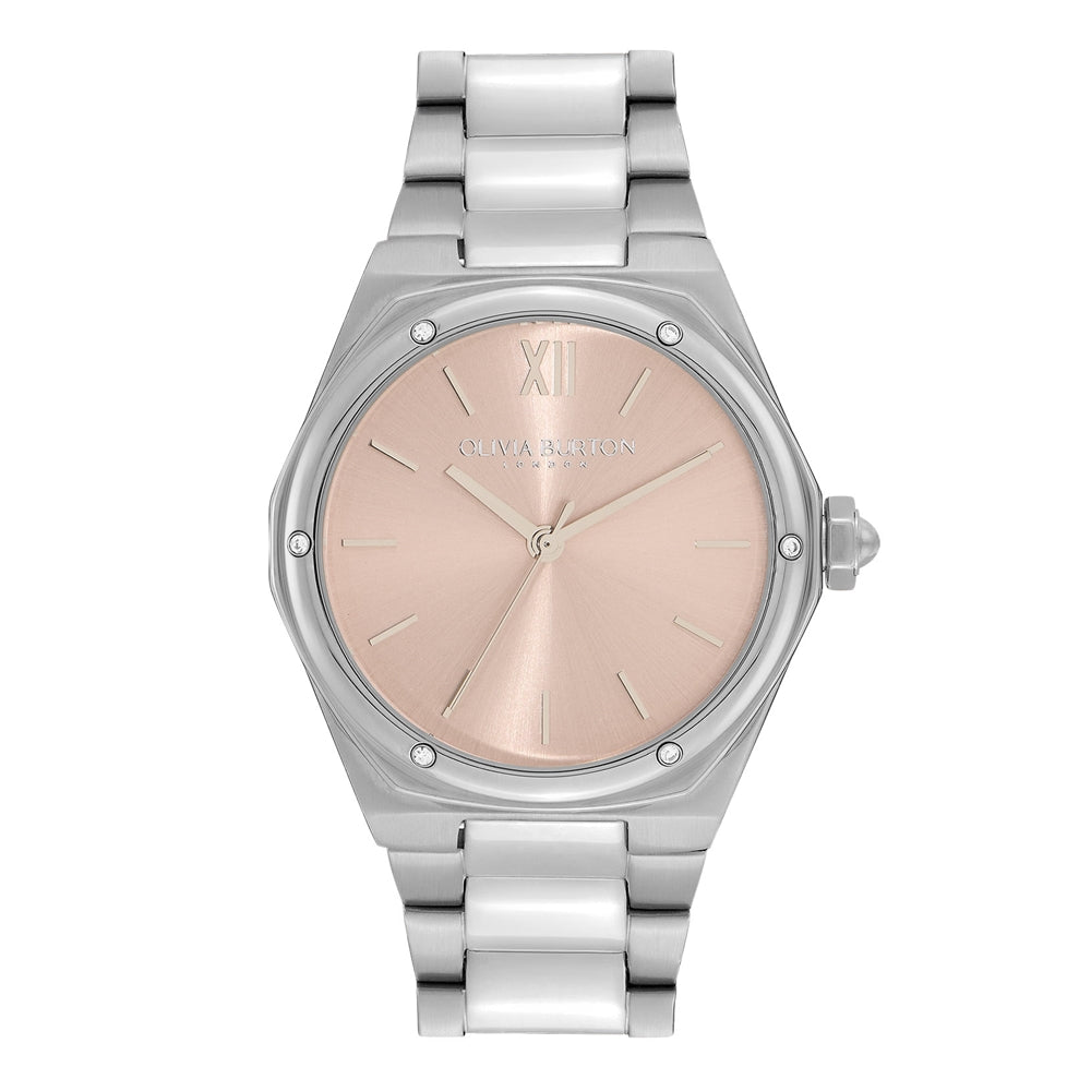 Olivia Burton Hexa Silver + Blush Pink Bracelet Watch
