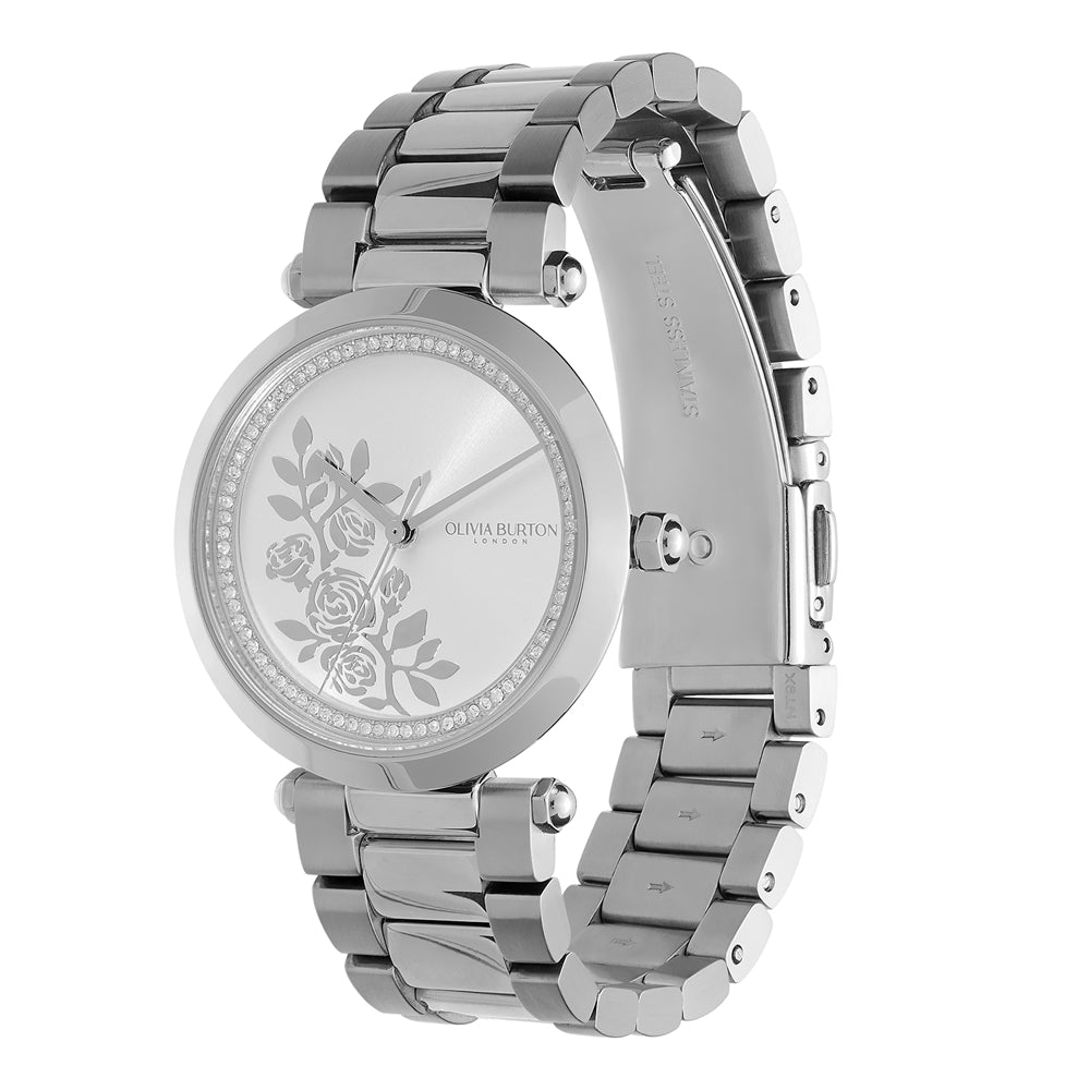Olivia Burton Signature T-bar Floral Silver Bracelet Watch