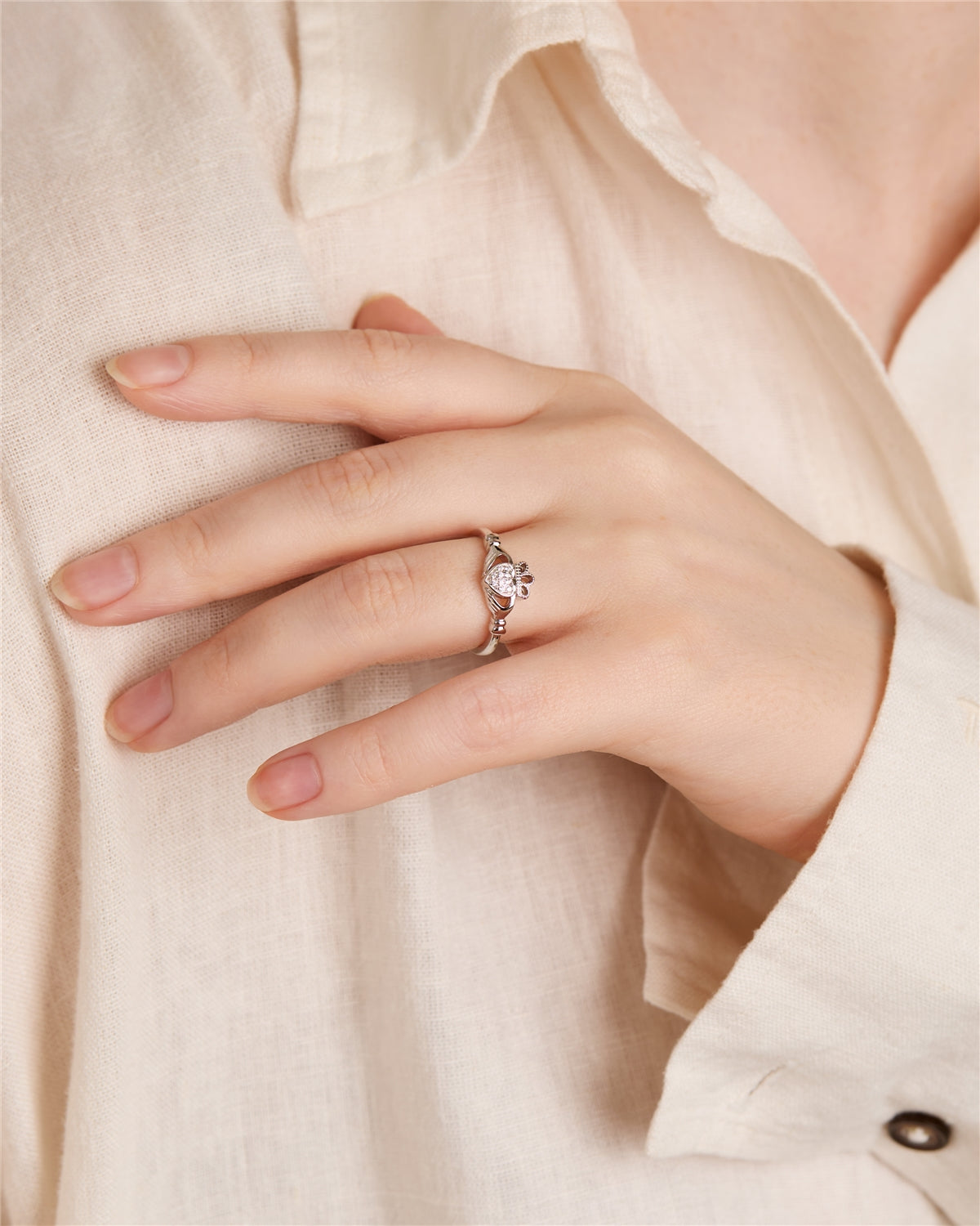 Argento Silver Pave Cubic Zirconia Heart Claddagh Ring